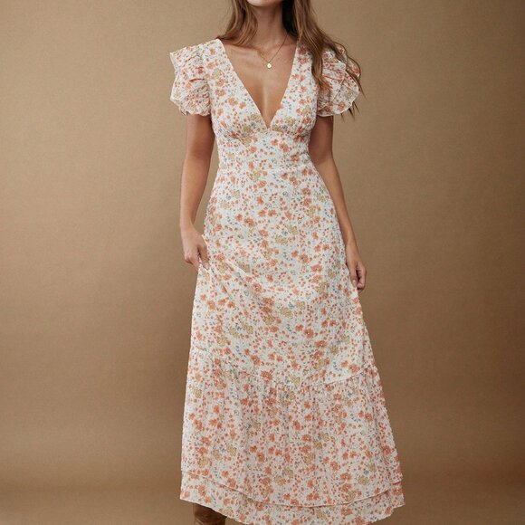 Yellow Floral Print Women's V Neck Maxi Dress with Flutter Sleeve - Picture 3 of 5